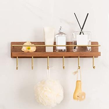 Imagem de Prateleiras flutuantes de madeira maciça para organizador de banheiro, suporte de chuveiro montado na parede