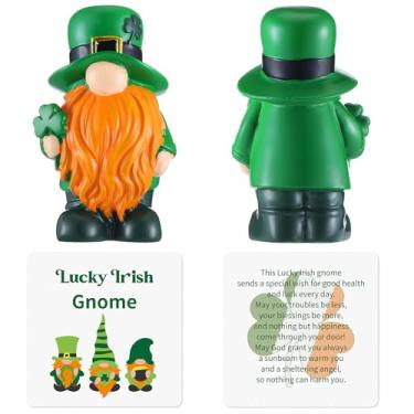 Imagem de RattanView St Patricks Day Gnome Figurine Lucky Irish Gnome Pocket Charm Resin Mini Leprechaun Style Figurine Set with Story Card for St Patricks Day Gift Holiday Party Decor
