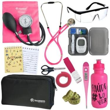 Imagem de Kit Enfermagem Estágio Aparelho Pressão Estetoscópio Medidor Glicose -