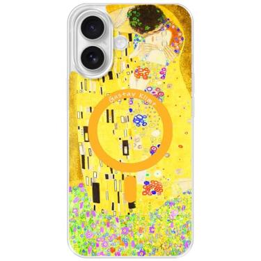 Imagem de Berkin Arts Compatível com iPhone 16 Plus, capa transparente e compatível com Magsafe, cor amarela leve e florescente (o beijo de Gustav Klimt)