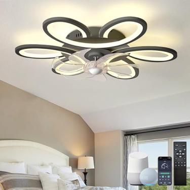 Imagem de Ventilador de teto para quarto com luzes LED reguláveis, função de memória, ventilador de teto pequeno, silencioso, DC, reversível, 6 velocidades, com temporizador, moderno, preto, compatíve