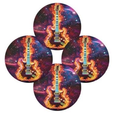 Imagem de Wassud Jogo americano conjunto de 4 tapetes redondos de guitarra de fogo para cozinha e jantar tapetes laváveis resistentes ao calor decoração de mesa 39 cm