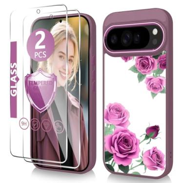 Imagem de Govmeie Capa para Google Pixel 9 Pro XL com protetor de tela de vidro temperado fino TPU e capa de telefone de policarbonato rígido, design de padrão floral cristalino para meninas e mulheres - Rosa