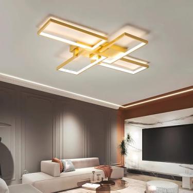 Imagem de Luminária de teto LED moderna retangular para sala de estar, em alumínio e acrílico, com controle remoto e regulagem de intensidade. Ideal para ambientes internos (60 cm, dourada).