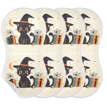 Imagem de Wassud Pacote com 2 panos de musselina de gato preto de Halloween, babadores de algodão, toalhas de rosto absorventes e macios para arrotos para meninos e meninas recém-nascidos