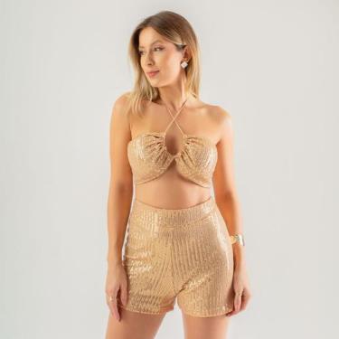 Imagem de Conjunto susie top e shorts paetê feminino - Susie Modas, Dourado, M, 