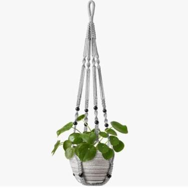 Imagem de 1 conjunto de cabides de macramê cinza de 89 cm para plantas de interior, cesta de vaso para pendurar Boho com contas de madeira, suporte decorativo para vasos de flores (vasos não incluídos)