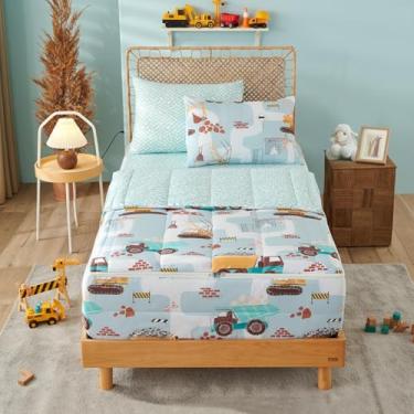 Imagem de Bildenly Jogo de cama solteiro com zíper para crianças, conjunto de edredom de veículos de engenharia azul claro e cinza com design de zíper tudo-em-um, conjunto de colcha para meninos, macio para