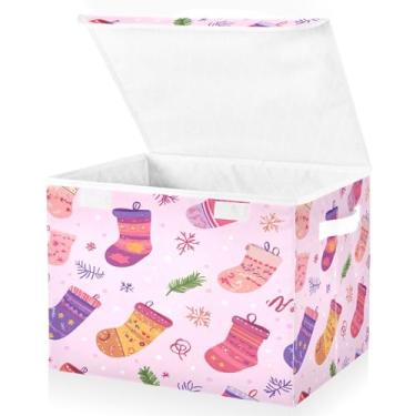 Imagem de Blueangle Cestos de armazenamento de meias de Natal com tampas, 42 x 32 x 30 cm, grande cesta organizadora dobrável para decoração de casa e escritório (198)