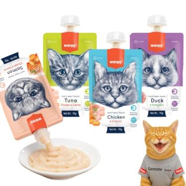 Imagem de Petisco Cremoso para Gatos Wanpy Sachê Creamy – 90g cada Sachê Natural para Gatos Filhotes e Adultos Sabores Frango, Salmão, Atum e Pato Rico em Proteínas e Vitaminas - Kit com 4 sabores