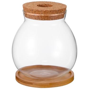 Imagem de POPETPOP Tigela de peixe de mesa de vidro transparente pequeno com tampa de madeira e suporte de bambu, recipiente de terrário de vidro, vaso hidropônico, vaso de vidro e madeira para decoração de