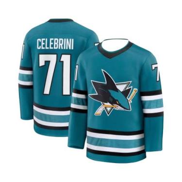 Imagem de Camiseta Esportiva Jersey De Hóquei Celebrini 71 Com Logo De Tubarão, 