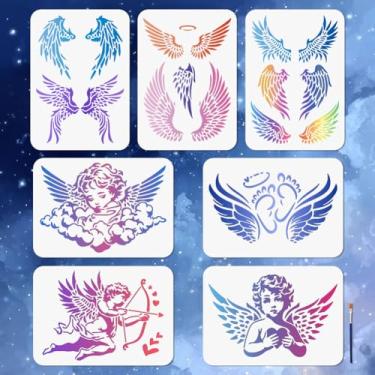 Imagem de MAYJOYDIY 7 peças de estêncil de asas de anjo, 29 × 20 cm, estêncil de cupido reutilizável para pintura gradiente de asas, modelo de desenho com pincel para parede, móveis, papel, tela, scrapbook