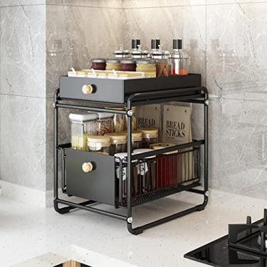 Imagem de HHHJQFAAT Cozinha sob a pia prateleira balcão 2 camadas puxando especiarias rack multifuncional despensa organização rack suporte de utensílios de cozinha (cor: preto)