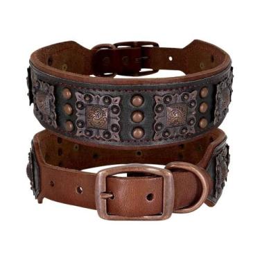 Imagem de Coleira De Cão Em Couro Legítimo Com Espinhos Ajustável Para Cães Médi