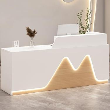 Imagem de Mesa de recepção frontal grande moderna com luz LED e gaveta com trava - ideal para salão, loja ou escritório - branco/cor natural - 100 cm