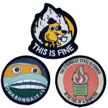Imagem de 3 peças remendo engraçado tático moral remendos gancho e laço para mochilas grande exército militar Molle bordado jaqueta jaqueta chapéu colete legal humor meme EDC This is Fine Dog Dumpster Fire