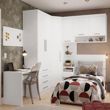 Imagem de Quarto de Canto Solteiro com Guarda Roupas Cabeceira e Escrivaninha Alpes Luciane Moveis