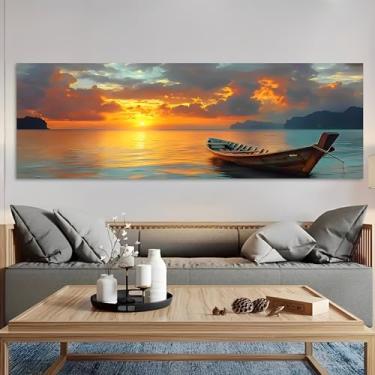 Imagem de Arte de parede em tela rústica vintage barco no oceano pôr do sol com ilhas - Pôster sem moldura de 30,5 x 91,4 cm - Ideia de presente para decoração de casa e escritório para sala de estar, quarto
