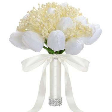 Imagem de Janinka Buquês de casamento grandes de 25,4 cm para noiva, dama de honra, flores artificiais de rosas combinadas com fita de seda e strass, buquê de dama de honra para decoração de igreja (branco puro