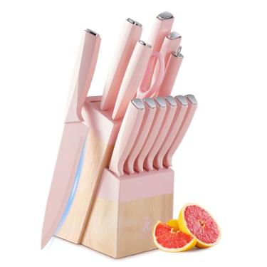 Imagem de Conjunto de facas de cozinha, conjunto de 14 peças de blocos de facas com bloco e afiador, facas de lâmina afiada de aço inoxidável, conjunto de facas de cozinha com revestimento antiaderente com cabo