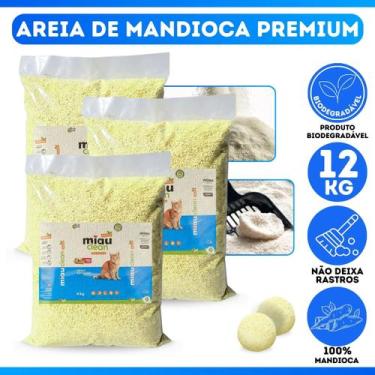 Imagem de Kit 3 Areia De Gato Miauclean Mandioca 4kg Neutraliza Odores Grãos Fin