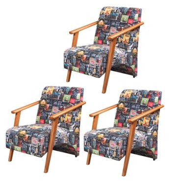 Imagem de Kit 3 Poltronas Venus 1 Lugar Braço Madeira Maciça Tecido Suede Unidecor Retro Bar 107