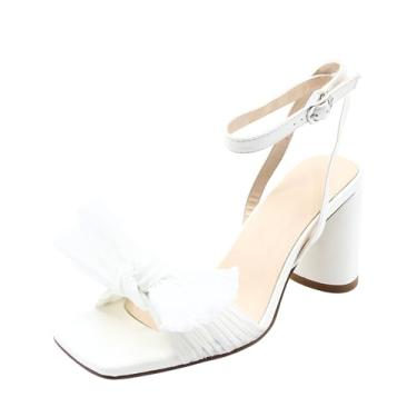 Imagem de Qunvngutui Sandálias femininas de salto grosso, bico aberto, tira no tornozelo, fivela, confortável, saltos, festas de casamento, ocasiões formais, Branco, 40