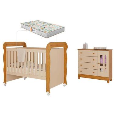 Imagem de Berço Americano Mirelle E Cômoda Infantil Ariel Com Porta Off White Bétula Com Colchão Gazin- Carolina Baby