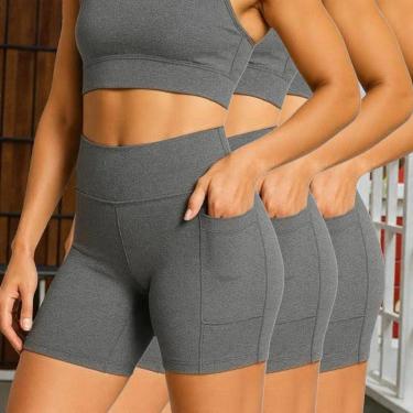 Imagem de Kit c/ 3 SHORTS Legging BOLSO LISO Cintura Alta Fitness Treino Casual Preto Cinza 1127-Feminino