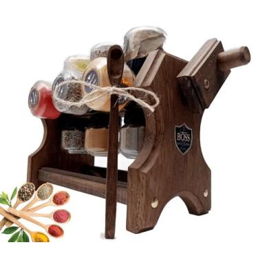 Imagem de Porta temperos giratório com manivela em madeira e 12 potes - Boss Art