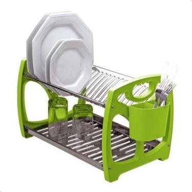 Imagem de Escorredor Louças Inox 16 Pratos Porta Talher Removível Viel, Verde