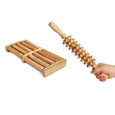 Imagem de Kit 2 Peças Massagem Maderoterapia Rolo Bastão Espiga Corporal e Massageador de Pés de Madeira Natural