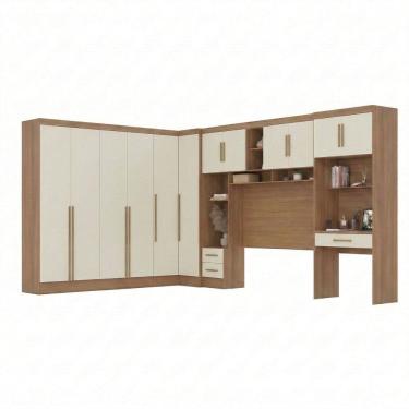 Imagem de Guarda-roupa Modulado 5 Peças 12 Portas com Cabeceira até 158cm e Escrivaninha Cinamomo/Off White