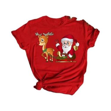 Imagem de Camiseta Feminina De Natal Com Estampa De Rena E Papai Noel, Gola O, E