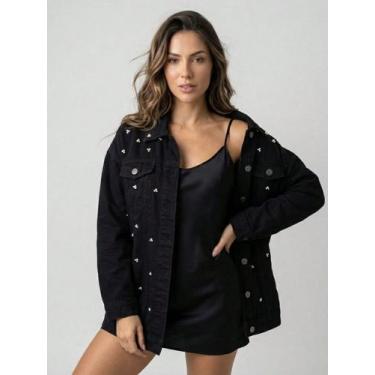 Imagem de Jaqueta Jeans Preta Maxxi Oversized Feminina com Decoração de Pérolas 