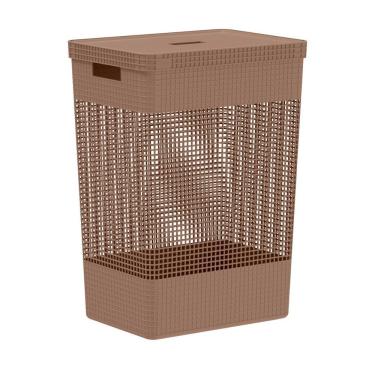 Imagem de Cesto de Roupa Grid Marrom Amêndoa 49L com Tampa Plástico e Bambu Empilhável para Lavanderia Grid Calotas