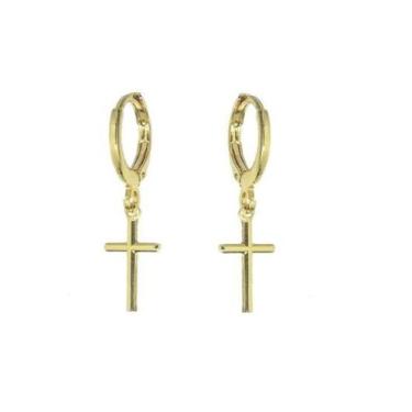 Imagem de Argola Lisa com Pingente de Cruz Banhado a Ouro - Joia Elegante - VIDI