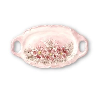 Imagem de Bandeja Oval Vazada Média Travessa Finger-Food com Alça de Porcelana 18,5 cm azaleias rosa/rosa