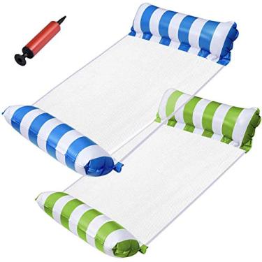 Imagem de Rede de piscina flutua para adultos – rede de água multiuso 4 em 1 boia inflável para piscina – pacote com 2 cadeiras de verão para espreguiçadeira de piscina, selim de exercícios, rede, Drifter com bomba de ar (azul + verde)