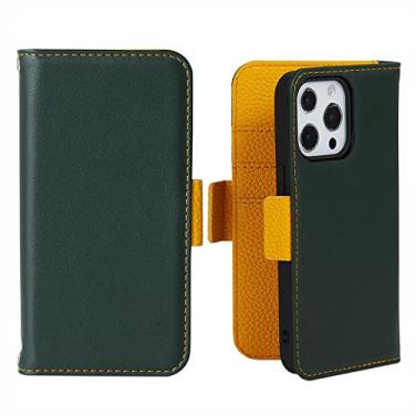 Imagem de Capa carteira para iPhone 13 Pro Max/13 Pro/13/13 Mini, capa flip de couro de vaca premium com suporte de cartão capa flip magnética para notebook, verde, 13 Pro 15,1 cm