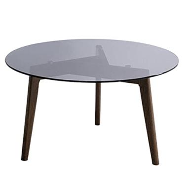 Imagem de Mesa de centro redonda mesa de centro, 80 cm, vidro cinza, mesa lateral moderna para sofá com tampo de vidro temperado e mesas de canto de pernas de madeira