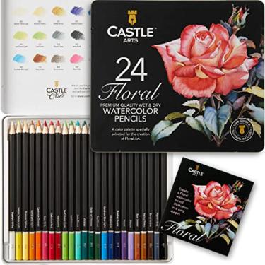 Imagem de Castle Art Supplies Conjunto de lápis de aquarela floral/botânico | 24 cores vibrantes selecionadas | Desenhe e pinte ao mesmo tempo | Para artistas adultos e presentes | em caixa especial de lata