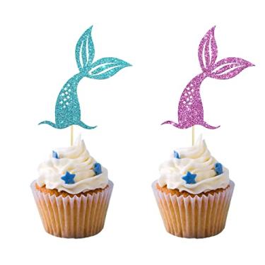 Imagem de Conjunto de 24 topos de cupcake de cauda de sereia rosa e azul, decoração de pérolas para festa de aniversário de bebê, placa de sereia suprimentos de festa de chá de bebê, decoração de festa de revel