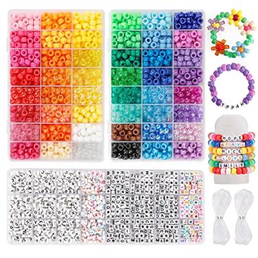 Imagem de Quefe Conjunto de 3960 contas de pônei para pulseira da amizade, conjunto de contas Kandi de 48 cores, 2400 peças de plástico arco-íris e 1560 contas de letras com fios elásticos de 20 metros para
