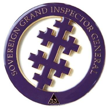 Imagem de Emblema automático maçônico redondo de cruz de salem de 33 graus – [roxo e dourado] [Diâmetro de 7,62 cm]