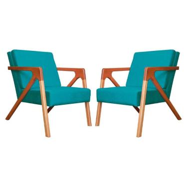 Imagem de Conjunto 2 Poltronas Monalisa Com Braços de Madeira Suede Azul Turquesa - LM DECOR