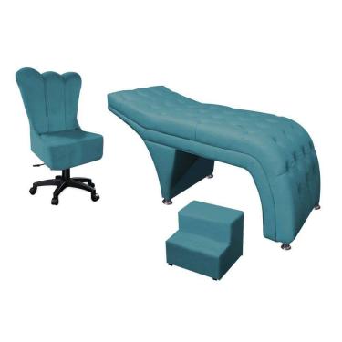 Imagem de Kit Maca Estética .Com Cadeira Mocho Giratória E Escadinha Suede Azul Turquesa - D House Decor