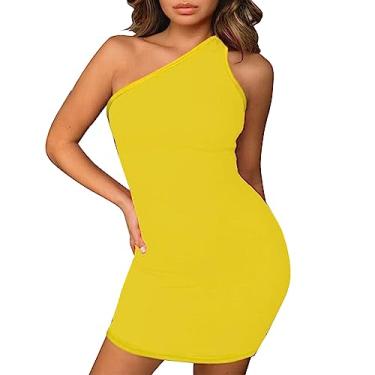 Imagem de Vestido feminino sexy de um ombro sem mangas colado ao corpo, cor sólida, comprimento no joelho, vestido de festa, vintage, clube, coquetel, Amarelo, M