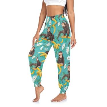 Imagem de CHIFIGNO Calça de ioga feminina Mardi Gras calça hippie folgada cintura alta harém calça de ioga, Macaco com bananas em turquesa, GG